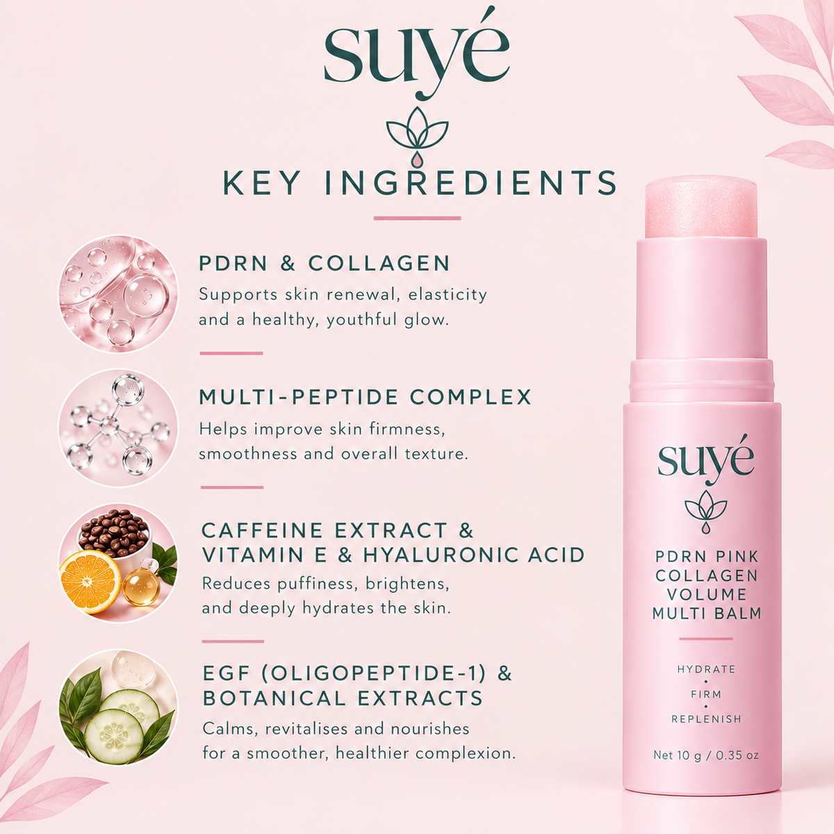 Suye Skin Collagen Plumping Lip Balm with its key ingredients: PDRN and collagen, a multi-peptide complex, caffeine, vitamin E and botanical extracts