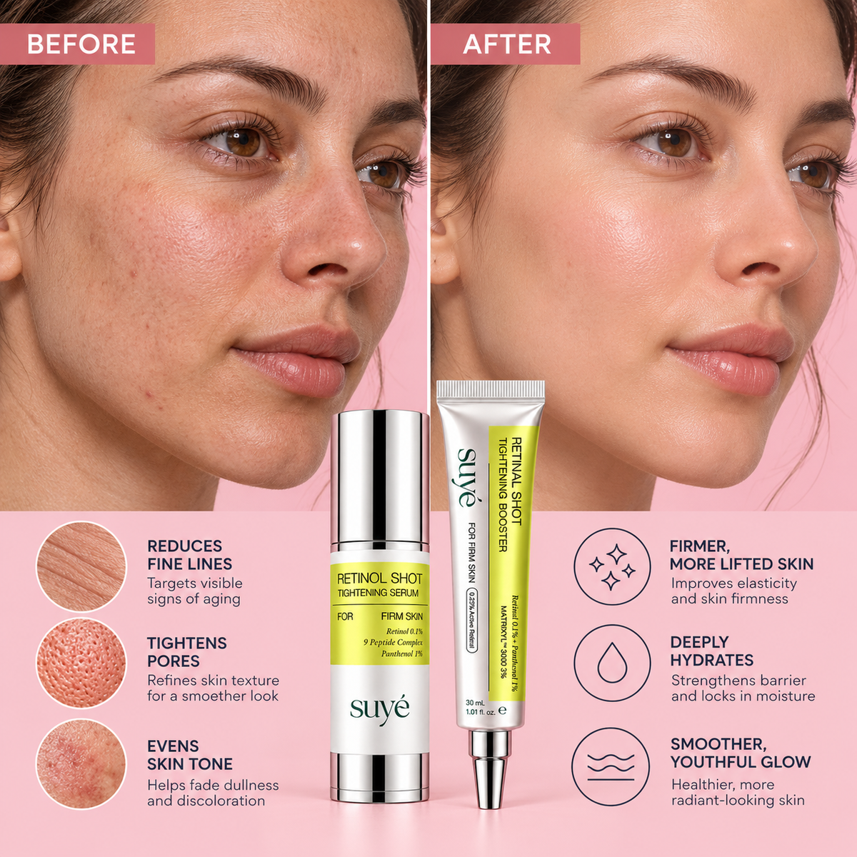 Before and after using Suye Skin Retinol Serum and Eye Cream, showing smoother-looking skin, with benefits for fine lines, pores and skin tone