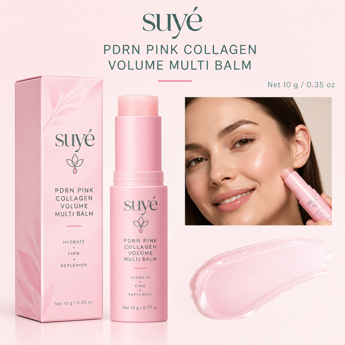 Suye Skin Collagen Plumping Lip Balm with its box, a swatch of the pink balm, and a woman applying it to her cheek