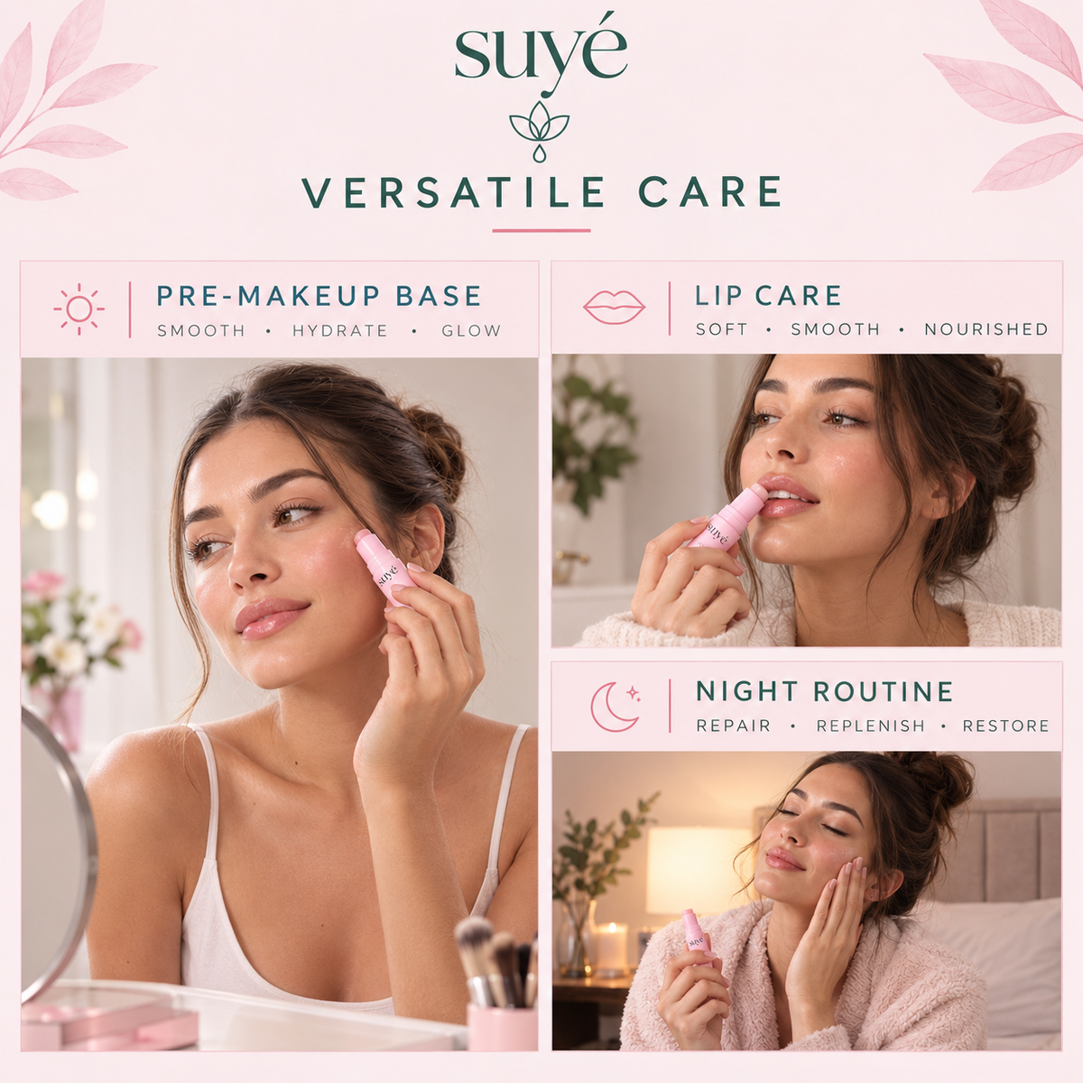 Three ways to use the Suye Skin Collagen Plumping Lip Balm: as a pre-makeup base, for lip care, and in a night routine