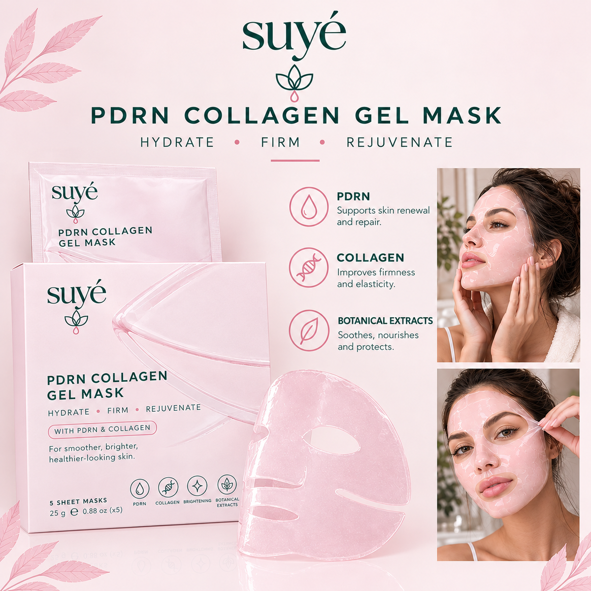 Suye Skin PDRN collagen gel mask pouches and sheet mask, with a woman wearing the mask; key ingredients PDRN, collagen and botanical extracts