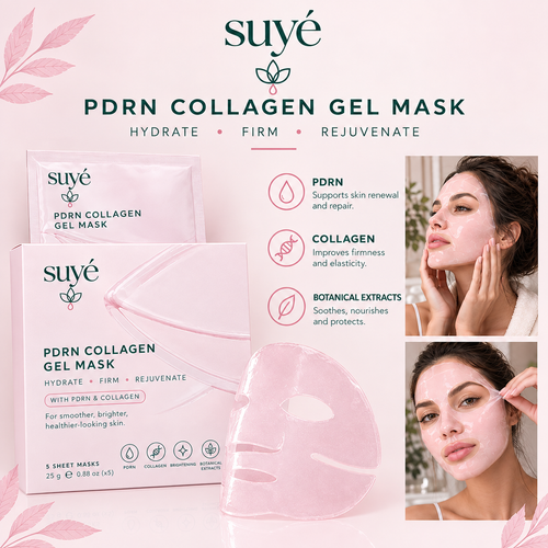 Suye Skin PDRN collagen gel mask pouches and sheet mask, with a woman wearing the mask; key ingredients PDRN, collagen and botanical extracts