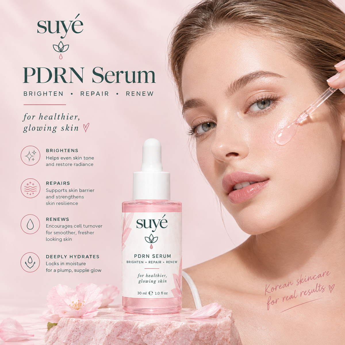 Woman applying Suye Skin PDRN Peptide Serum to her cheek with a dropper, with benefits: brightens, repairs and renews