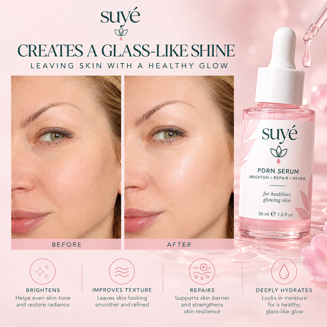 Before and after using Suye Skin PDRN Peptide Serum, showing smoother, glass-like glowing skin