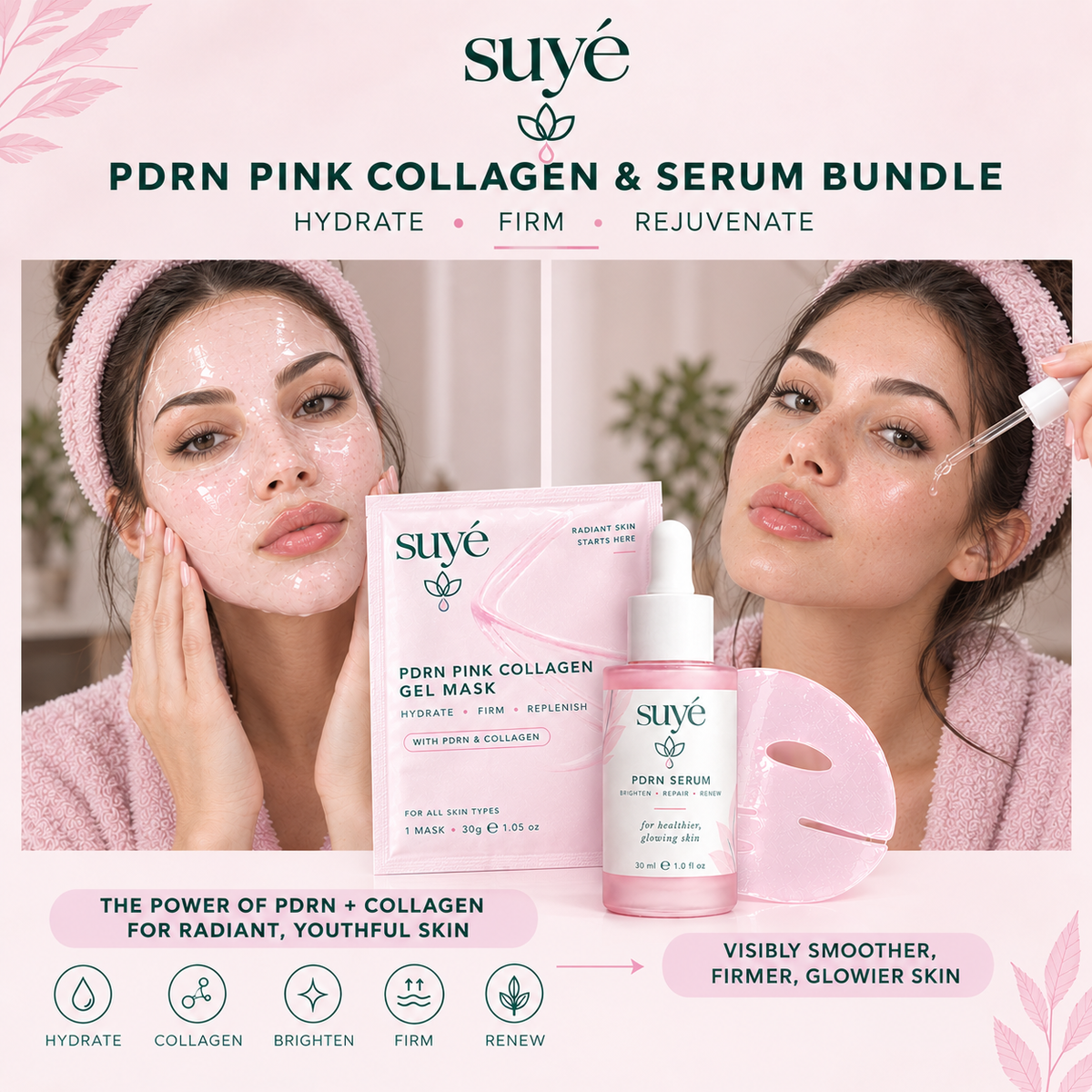 Women wearing the collagen gel mask and applying PDRN Peptide Serum, with the Suye Skin Glass Skin Set serum and mask in the centre