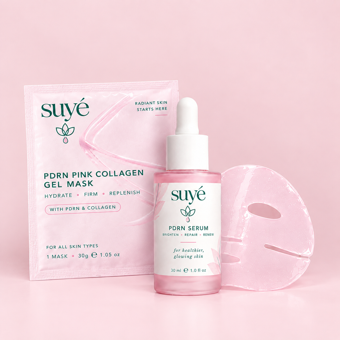 Suye Skin Glass Skin Set: PDRN Peptide Serum dropper bottle with a collagen gel mask pouch and sheet mask