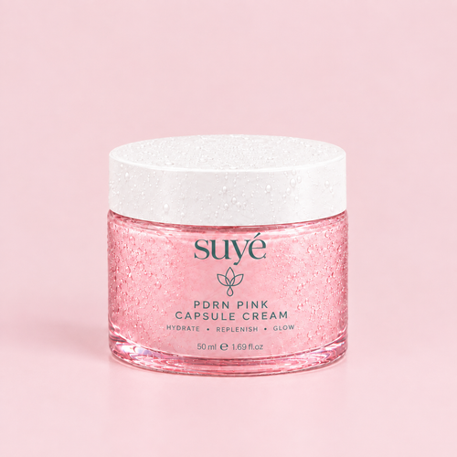 Jar of Suye Skin PDRN Collagen Jelly Cream, a pink gel-cream with collagen capsules