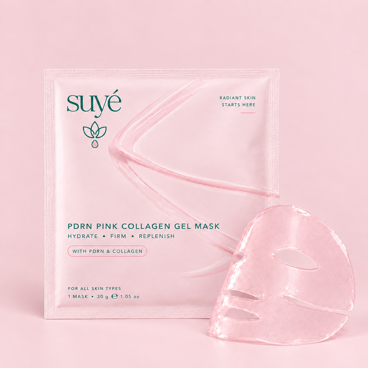 Suye Skin Collagen Facial Mask pouch next to the translucent pink collagen gel face mask