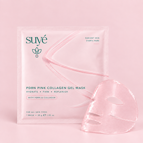 Suye Skin Collagen Facial Mask pouch next to the translucent pink collagen gel face mask