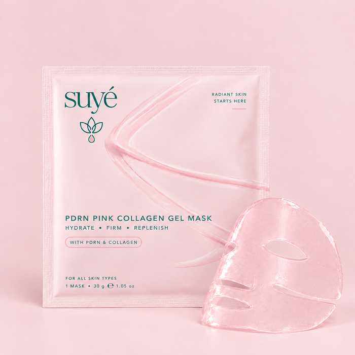 Suye Skin Collagen Facial Mask pouch next to the translucent pink collagen gel face mask