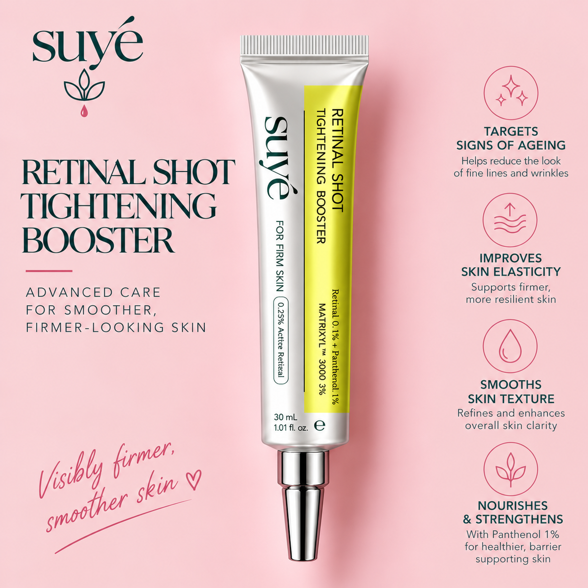 Suye Skin Retinol Eye Cream tube with benefits: targets signs of ageing, improves elasticity, smooths texture and nourishes skin