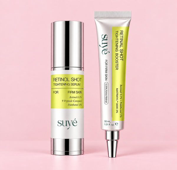 Suye Skin Retinol Serum bottle and Retinol Eye Cream tube on a pink background