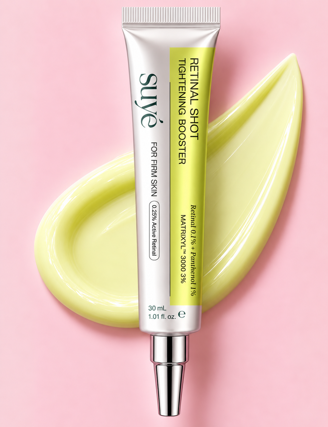 Suye Skin Retinol Eye Cream tube beside a swatch of the creamy yellow texture