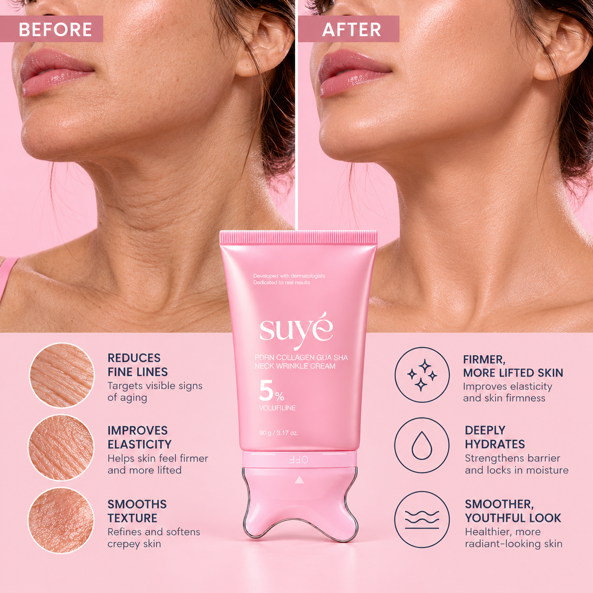 Before and after using the Suye Skin gua sha neck cream, showing a smoother, firmer-looking neck
