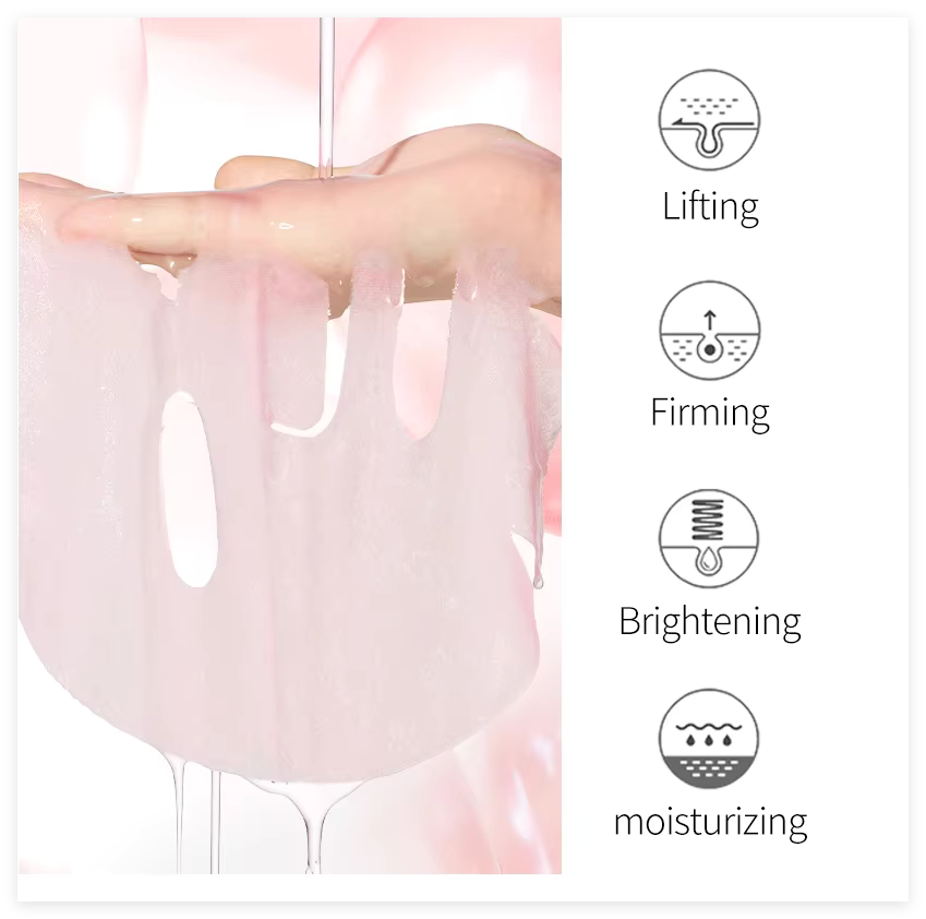 Hand stretching the soft, translucent collagen gel mask to show its texture, with icons for lifting, firming, brightening and moisturising