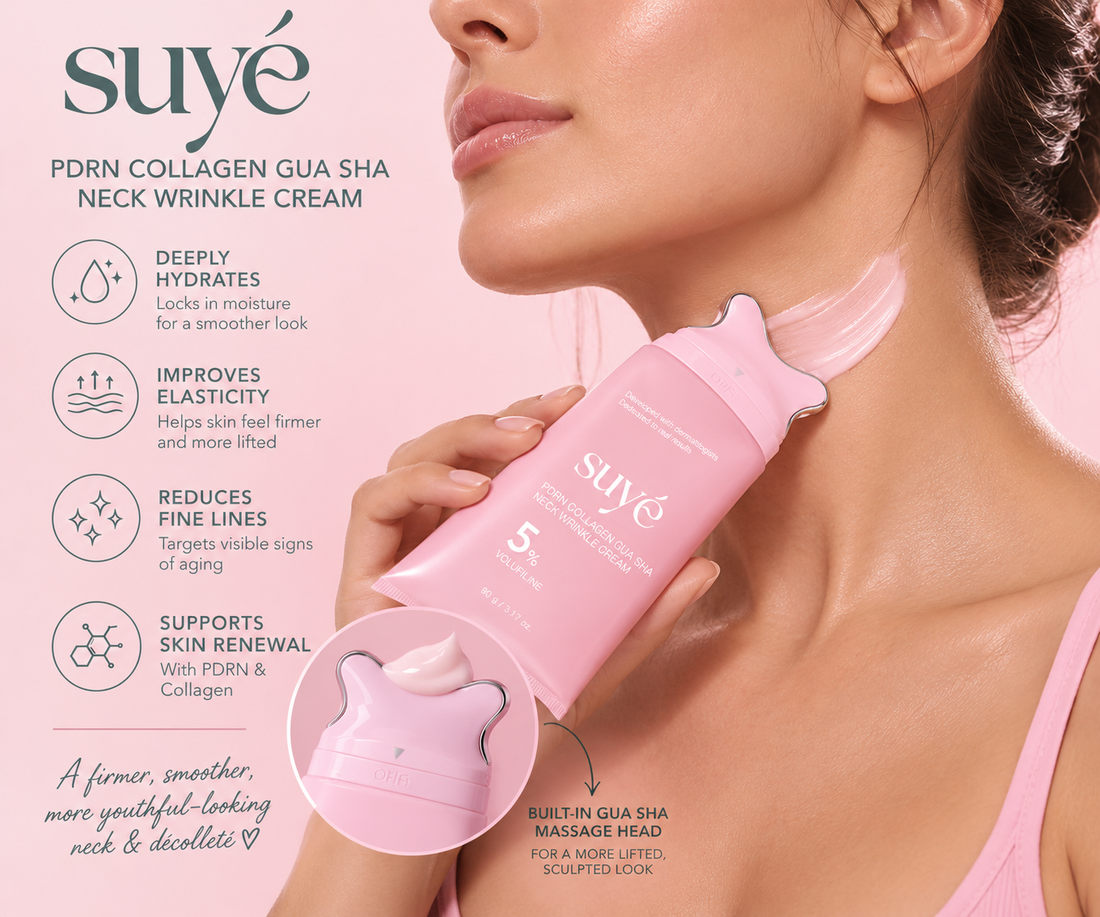 Woman massaging her neck with the Suye Skin gua sha neck cream, with benefits: hydrates, improves elasticity, reduces fine lines