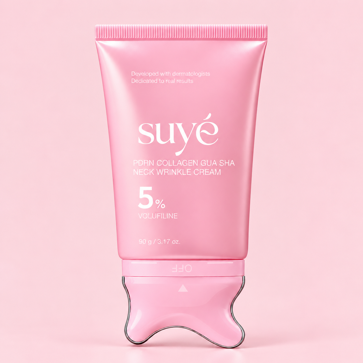 Suye Skin pink neck cream tube with a built-in gua sha massage head
