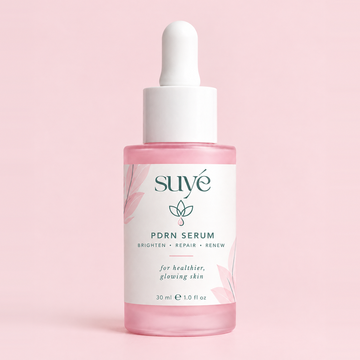 Suye Skin PDRN Peptide Serum 30 ml pink dropper bottle on a pink background