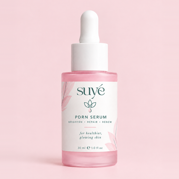 Suye Skin PDRN Peptide Serum 30 ml pink dropper bottle on a pink background